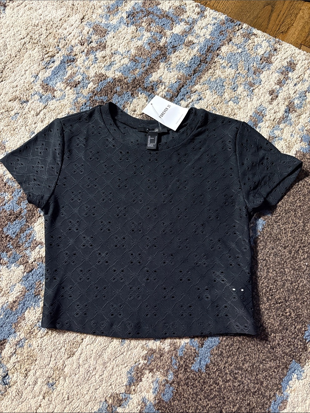Forever 21 Black Eyelet Short Sleeve Crop Top